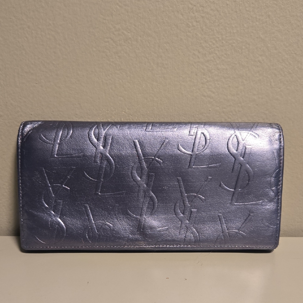 YSL Monogram Leather Wallet Metallic Silver